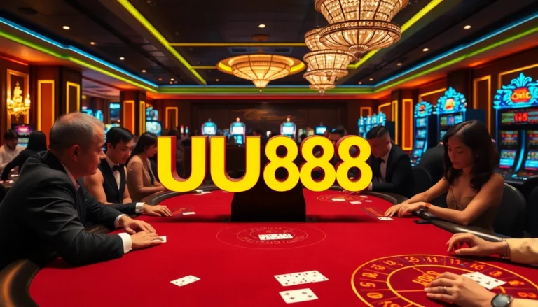 UU88 casino scene showcasing vibrant gaming tables and excited players enjoying poker and roulette.