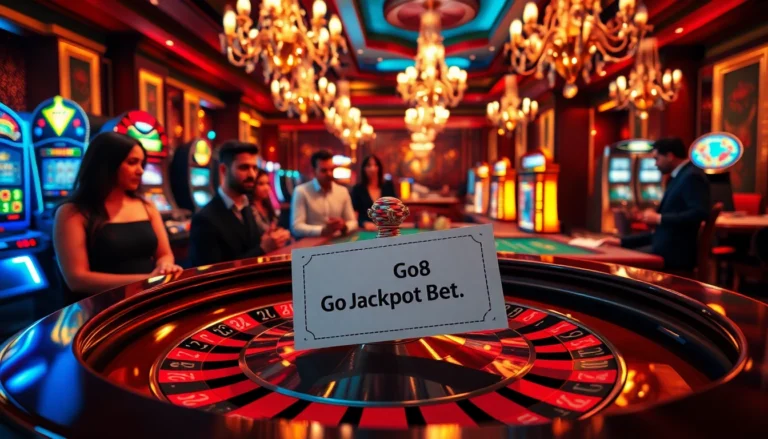 Go8 bet slip resting on a luxurious roulette table in a vibrant casino scene showcasing players’ anticipation.
