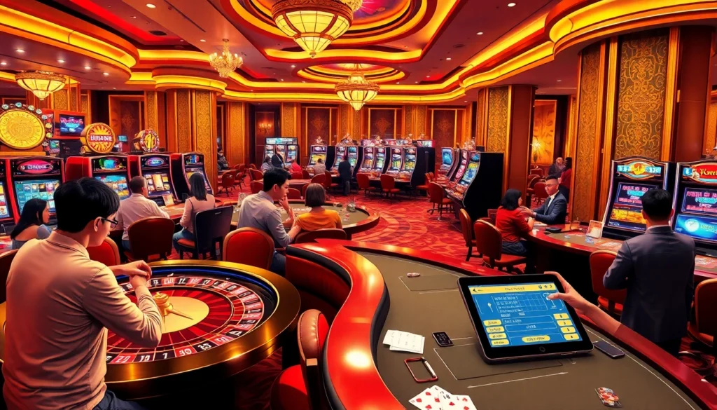 Exciting gameplay at trang chủ kuwin with players at roulette and blackjack tables, showcasing vibrant casino atmosphere.