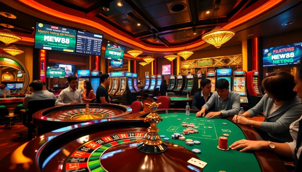 Experience the thrilling action at Trang chủ New88, where players engage in an exciting poker game with vibrant chips and cards.