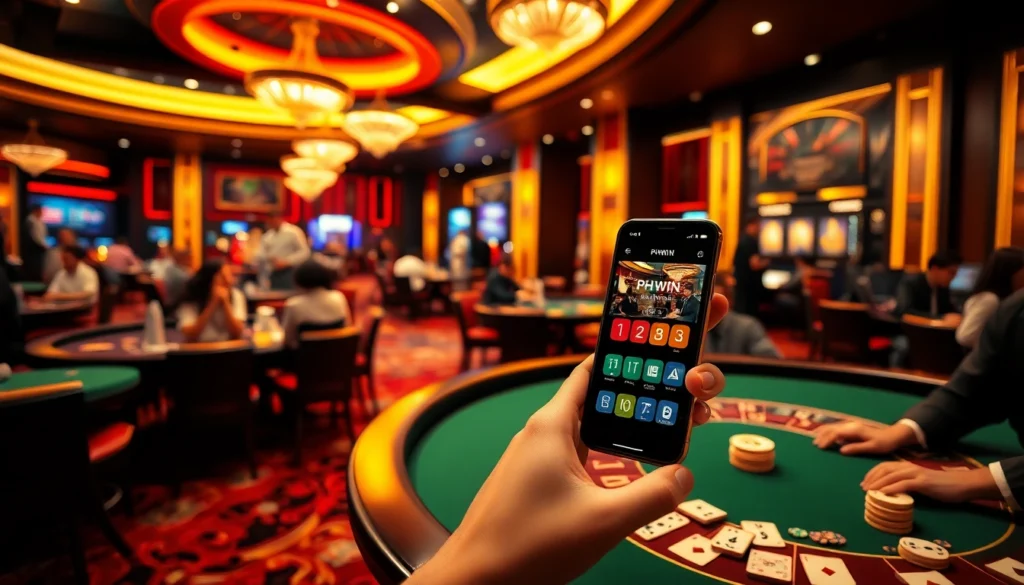 Experience the thrill of gambling with PHWIN at lively casino tables showcasing poker and roulette action.