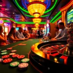 Engaged players at a casino table featuring the theme l444, immersed in the thrill of gambling action.