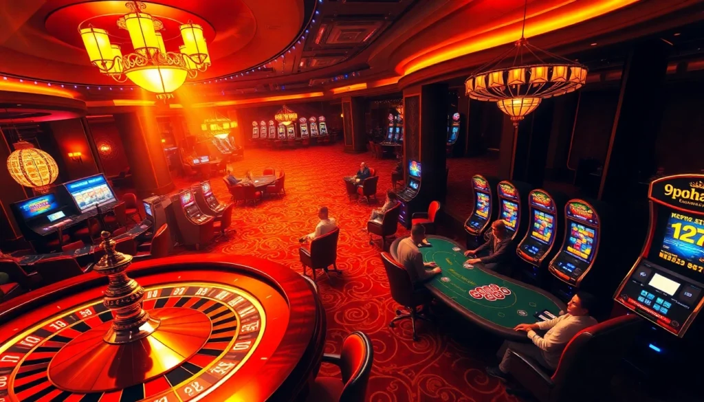 An elegant casino scene showcasing thrilling games at tables with the keyword 9phabc subtly integrated on a betting slip, embodying gambling excitement.