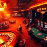 An elegant casino scene showcasing thrilling games at tables with the keyword 9phabc subtly integrated on a betting slip, embodying gambling excitement.