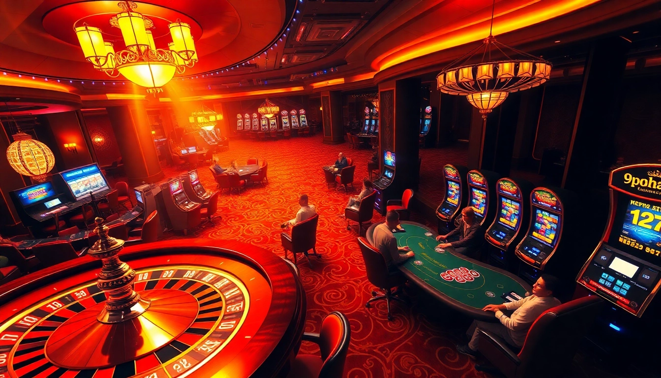 An elegant casino scene showcasing thrilling games at tables with the keyword 9phabc subtly integrated on a betting slip, embodying gambling excitement.