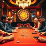 Players enjoy poker at a bustling casino table, where luck8 and strategy collide in a thrilling gambling atmosphere.