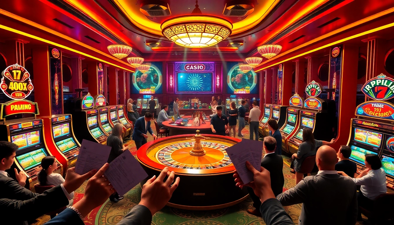 Exciting gambling scene at a casino featuring a roulette table and players engaging in games at https://f8beta2.support/.