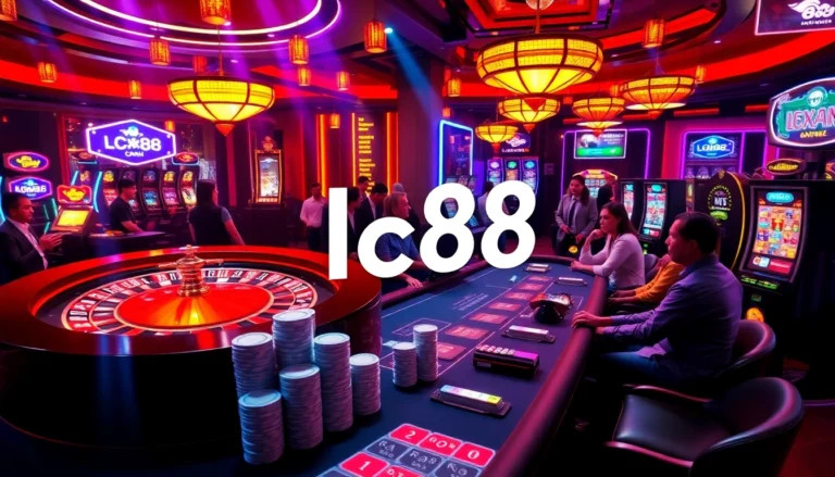 An engaging scene featuring lucky players at an lc88 casino, betting at a roulette table under colorful neon lights.