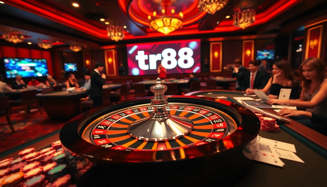 tr88 offers thrilling casino action featuring a roulette wheel and colorful chips.
